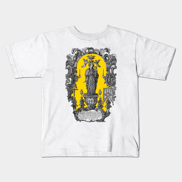 Our Lady of Antiquity Woodcut Print Kids T-Shirt by Catholicamtees